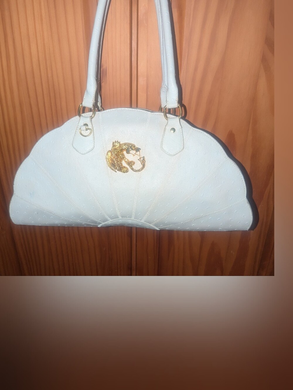 Vintage Y2K Fan Shaped Shoulder Bag With Gold Dragon Emblem Detail.